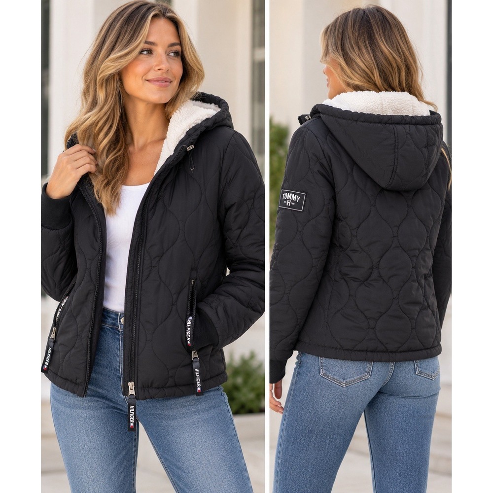 Tommy Hilfiger Sport Women M Black Quilted Jacket Sherpa Hood Repreve TP35086J